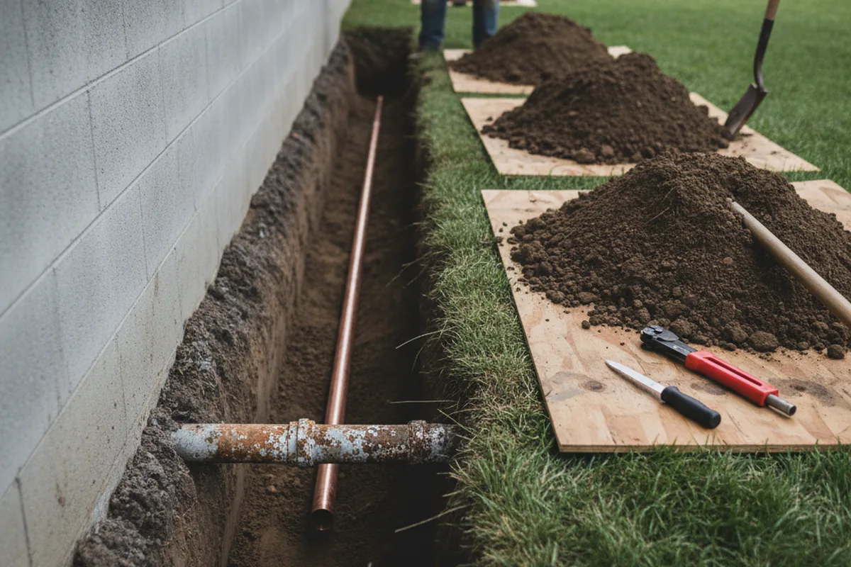 Excavated water line trench during Sewer Line Repair in Waipahu